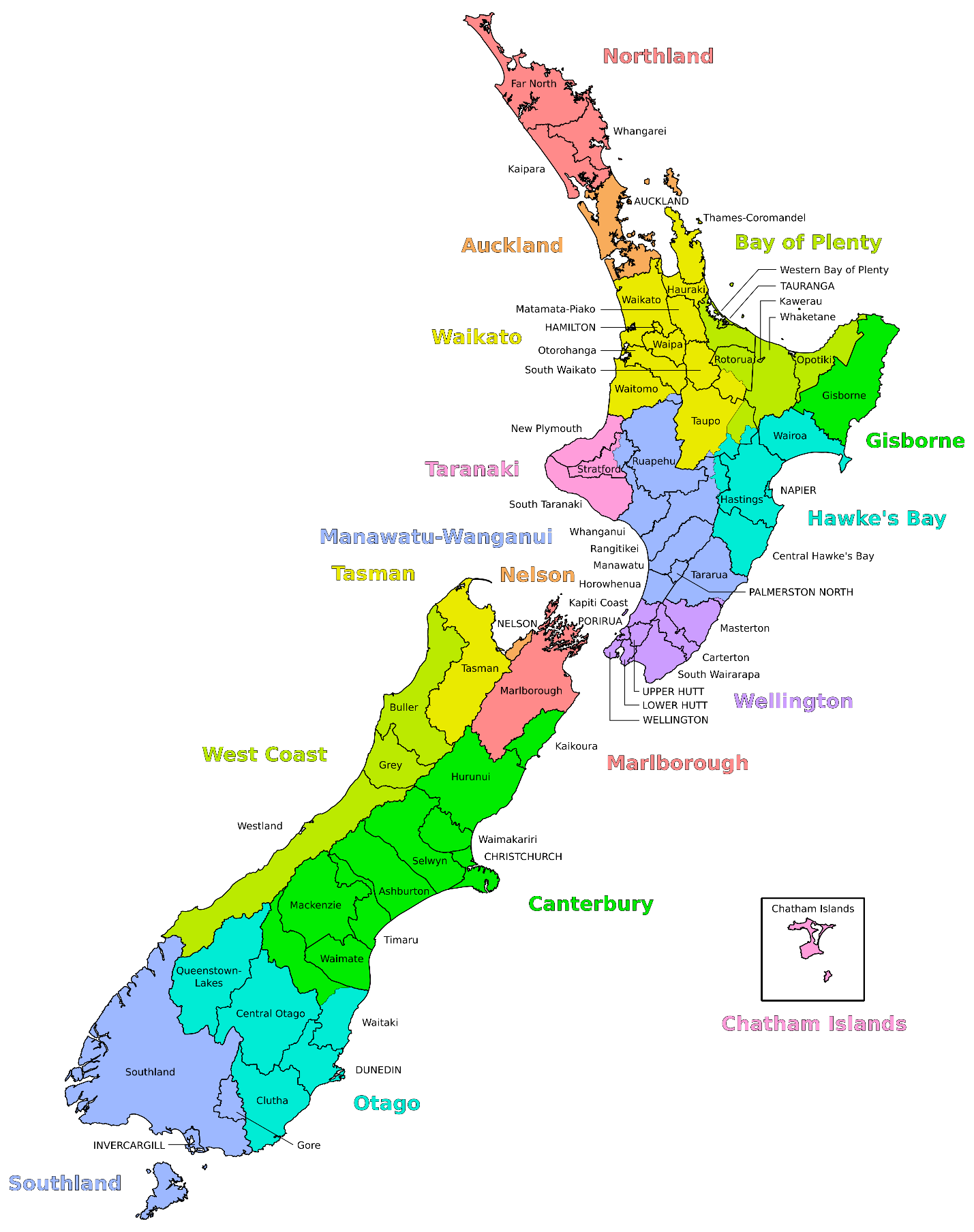 Карта винодельческих регионов Новой Зеландии