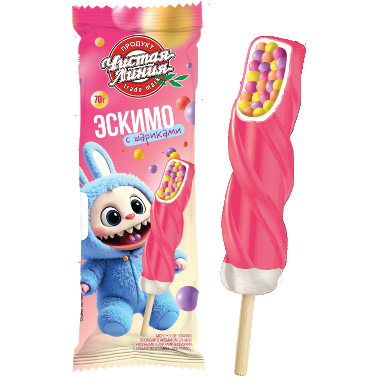 Мороженое Чистая Линия эскимо пломбир с рисовыми шариками малина 70г