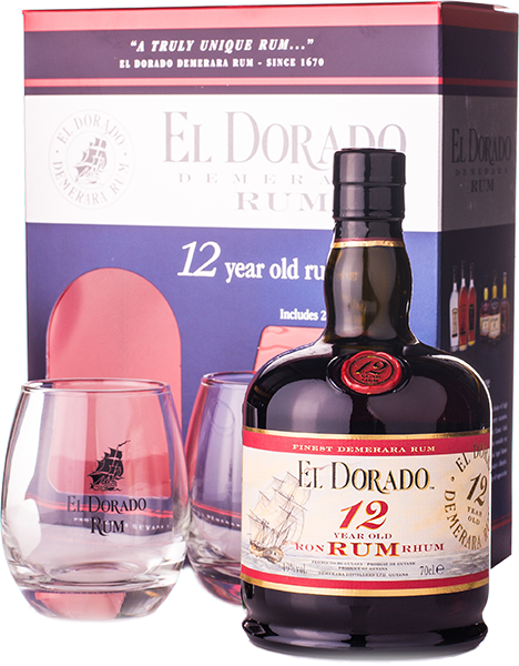 Ром El Dorado 12 летней выдержки, в подарочной упаковке с двумя стаканами 0.7 л