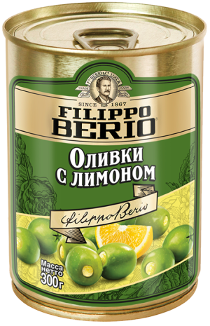 Изображение товара Оливки Filippo Berio без косточки, зелёные, с лимоном, в железной банке 300 г