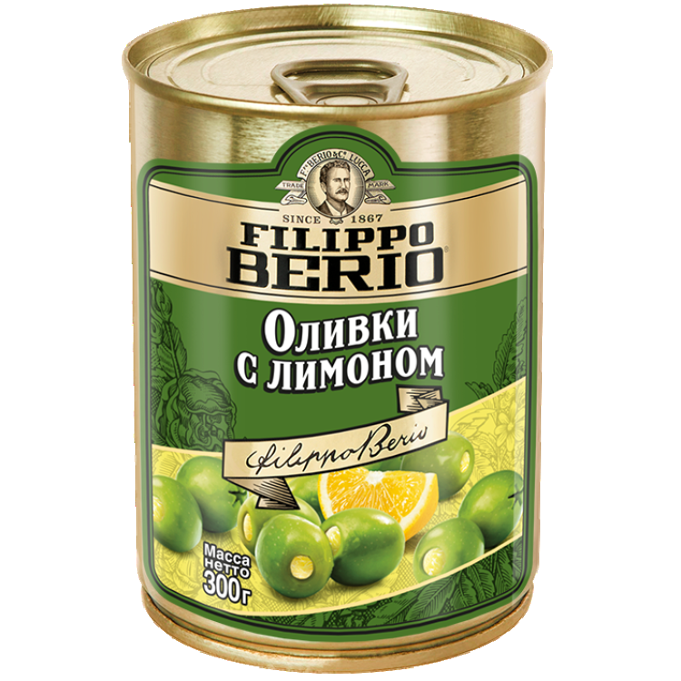 Оливки Filippo Berio без косточки, зелёные, с лимоном, в железной банке 300 г