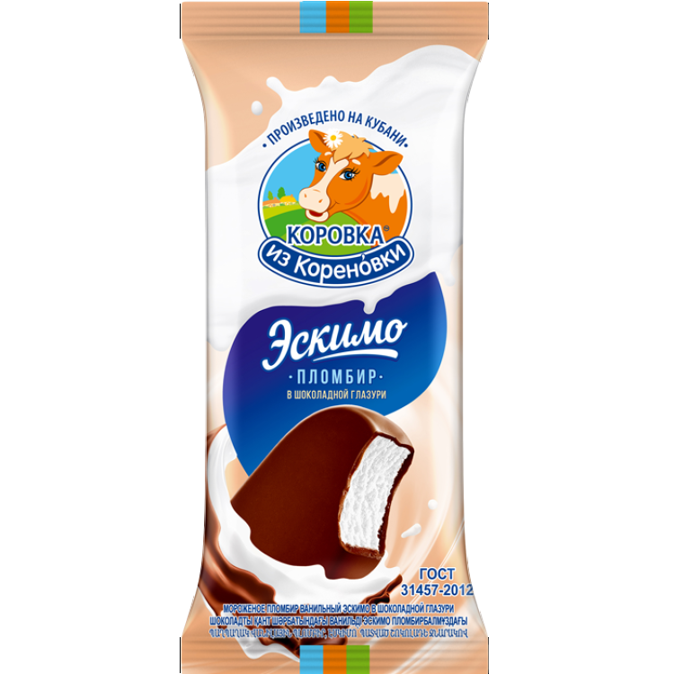 Мороженое Коровка из Кореновки промбир ванильный в шоколадной глазури 15% , эскимо 70 гр