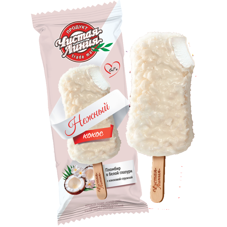 Мороженое Чистая Линия эскимо нежный кокос пломбир в белой глазури с кокосовой стружкой 62г