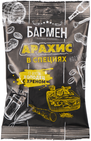Изображение товара Орехи с добавками Ядра арахиса жареные со вкусом Холодец-хрен Бармен 60г