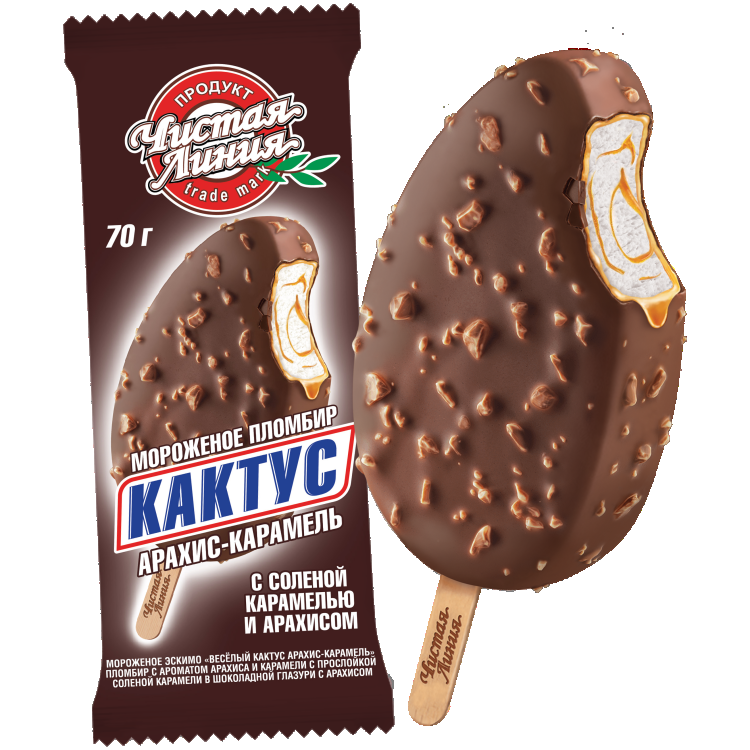 Мороженое Чистая Линия эскимо кактус арахис-карамель пломбир 12% 70г