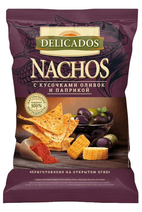 Изображение товара Чипсы Delicados Nachos с кусочками оливок и паприкой