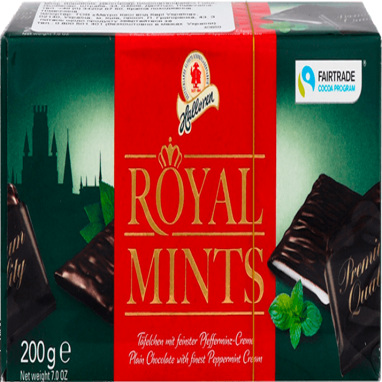 Шоколад Halloren Royal Mints с мятной начинкой шоколад halloren royal thins карамель и соль 200 г