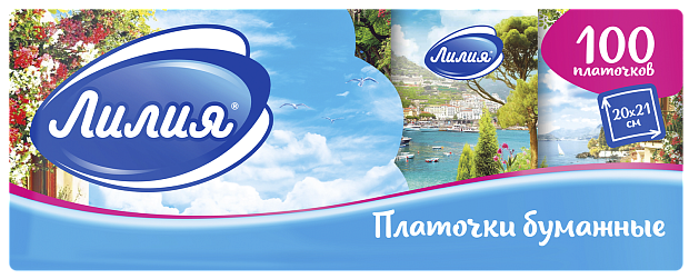 Изображение товара Платочки Лилия Лето двухслойные белые 20x21 см 10 рулонов по 10 шт