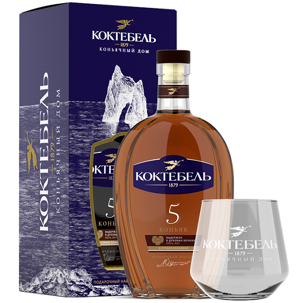 Коньяк Коньяк пятилетний Коктебель Подарочная упаковка + бокал 0.5 л