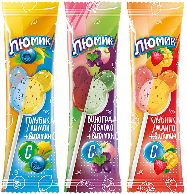 Изображение товара Карамель на палочке Люмик с витамином С и двойным вкусом Клубника/Манго Голубика/Лимон Виноград/Яблоко